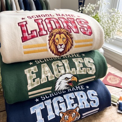 Personalized Embroidered Mascot Sweatshirt Custom Gingham Applique School Spirit Shirt For Game Day Gift