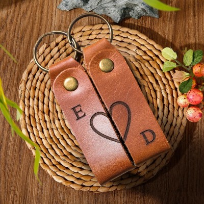 Personalized Couple Matching Leather Keychain Set with Initials Anniversary Gift for Her Him Valentine's Day Gifts for Couples