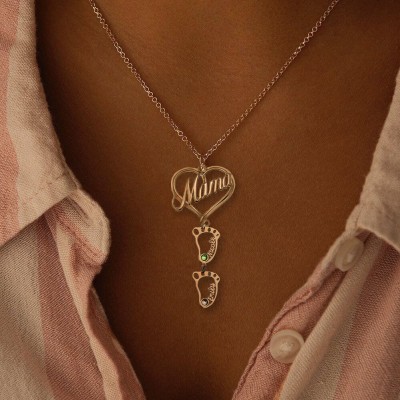 Silver Personalized Mama Heart Birthstones Name Necklace with 1-10 Hollow BabyFeet Charms