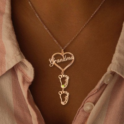 Silver Personalized Grandma Heart Birthstones Name Necklace with 1-10 Hollow BabyFeet Charms