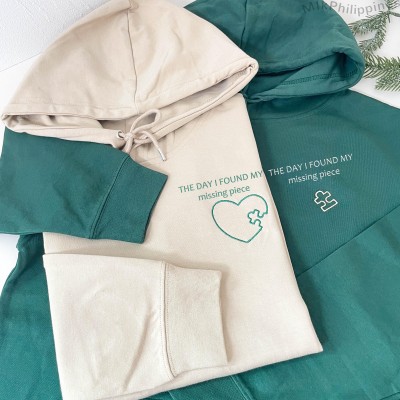 Custom Embroidered Heart and Puzzle Piece Couples Hoodie with Initial On Sleeve Anniversary Gift Valentine's Day Gifts