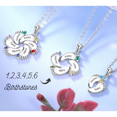 Personalized 1-6 Baby Feet Birthstone and Name Necklace for Mother's Day Gifts