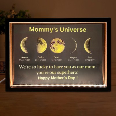 Customized Cosmic Moon Phase Light Frame for Mom-Featuring Child's Name & Birthday