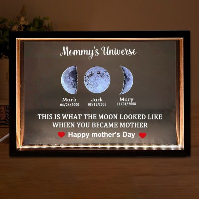 Customized Cosmic Moon Phase Light Frame for Mom-Featuring Child's Name & Birthday