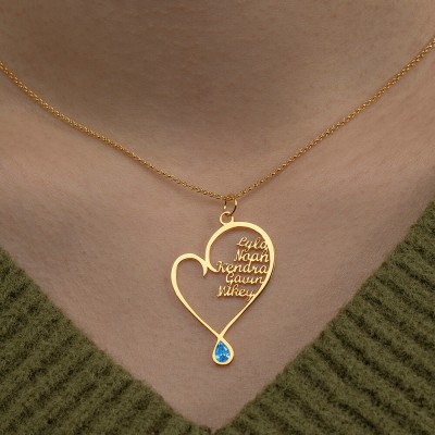18K Gold Plating Personalized Written With Love Heart 1-8 Names Necklace With Birthstone