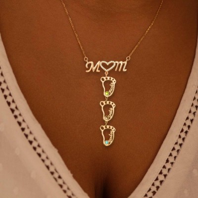 18K Rose Gold Plating Personalized 1-10 Hollow BabyFeet Name Mom Necklace With Birthstones
